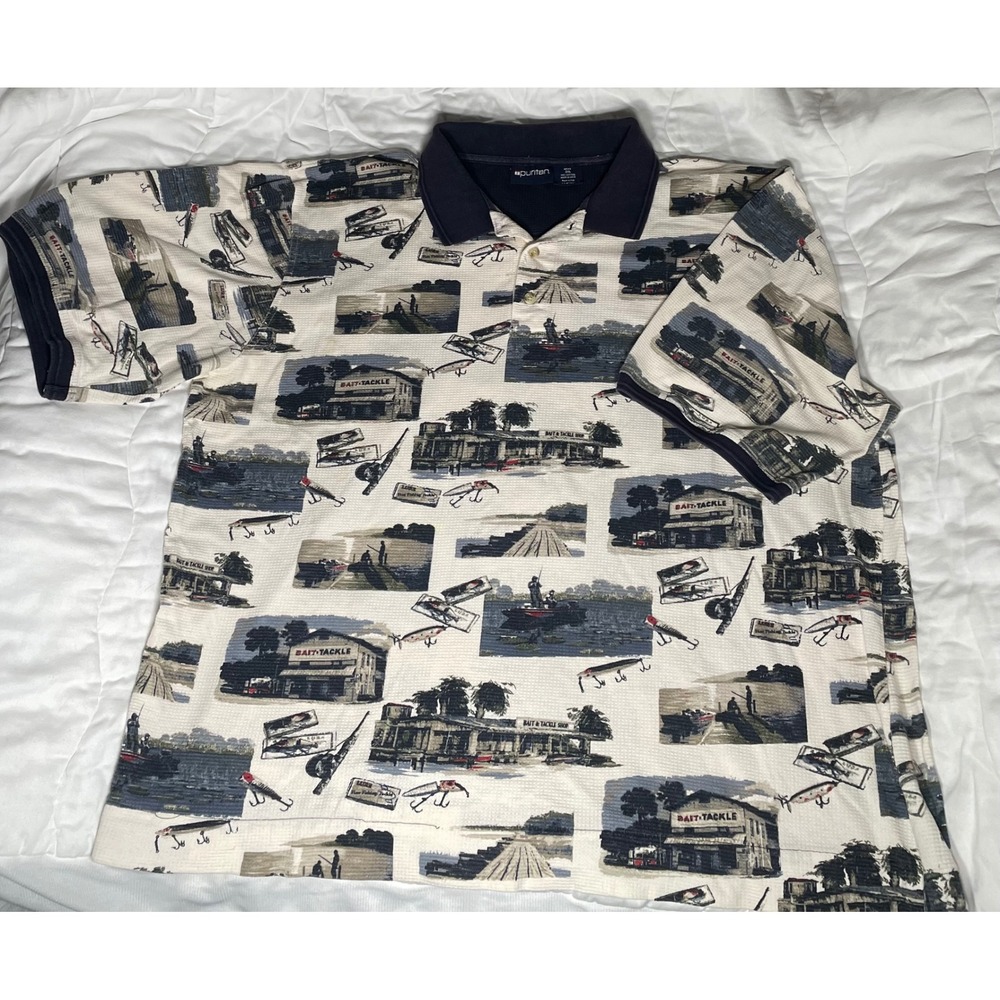 Vintage Puritan Men 2XL Waffle Knit Polo Shirt Fishing Bait Tackle Novelty Print